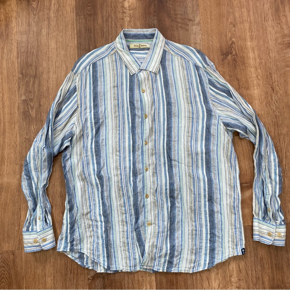 Tommy Bahama Linen Blend Shirt Mens XL Striped Colorful Beach Summer Button Up